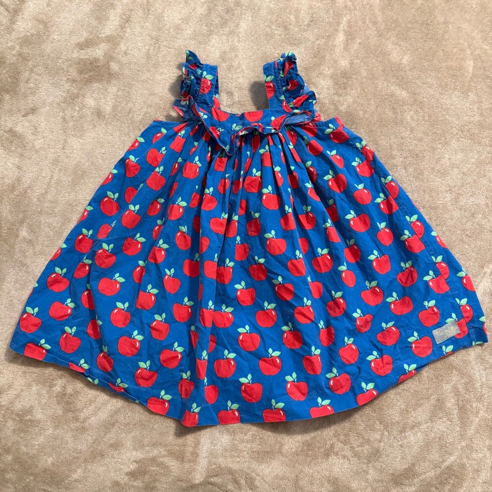 Eleanor Rose Farrah Dress Girls Size 5-6 Blue Red Apple Print Ruffle Sleeveless